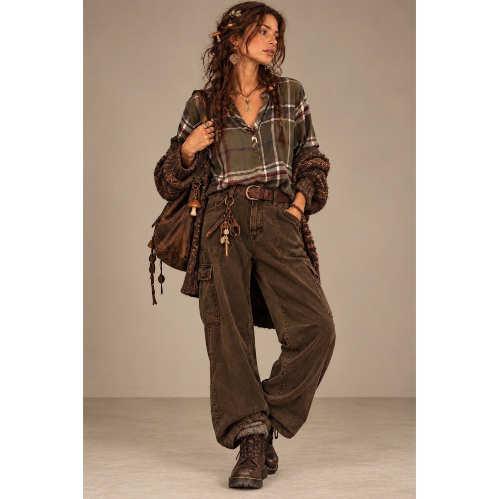 NWT Universal Thread Olive Plaid Blouse Forest Grunge Granola Goblincore S